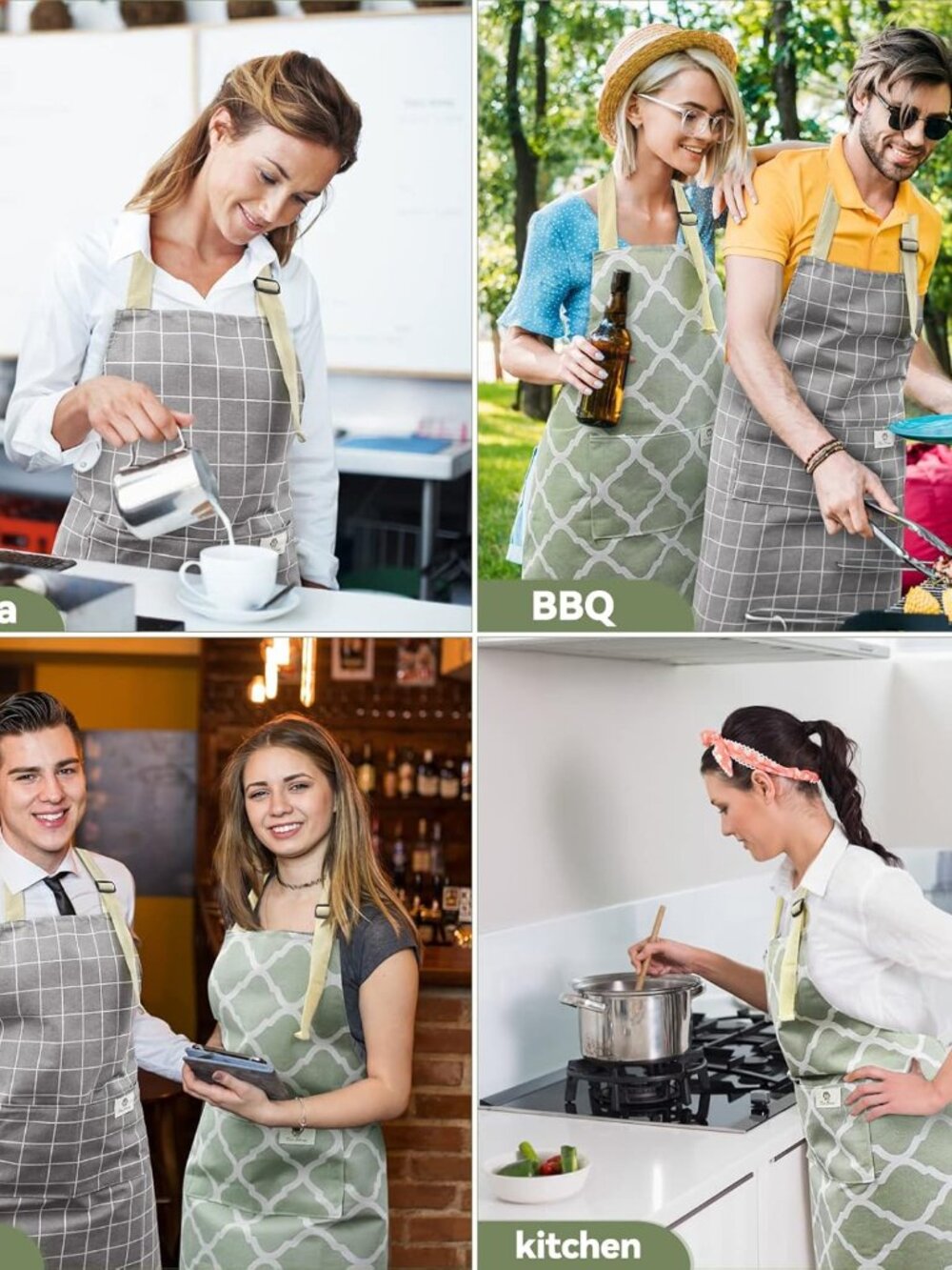2 Pack Adjustable Waterproof Kitchen Aprons with Pockets - Green & Grey Plaid - Picture 7 of 7